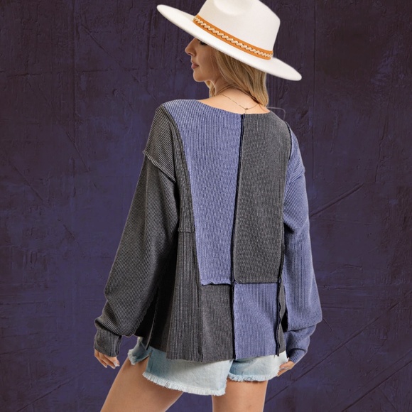 EASEL "Block Star" Rib Knit Color Block Out-Seam & Raw Details Tunic Length Top - Picture 4 of 12